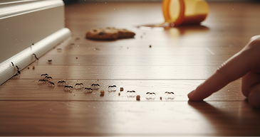 Ants trailing across a timber floor