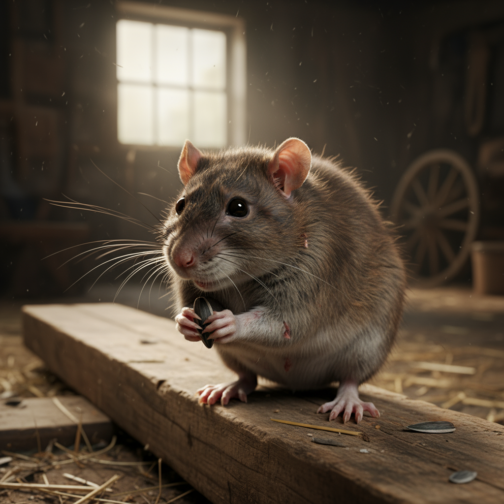 Rat on a timber ledge in a roof space