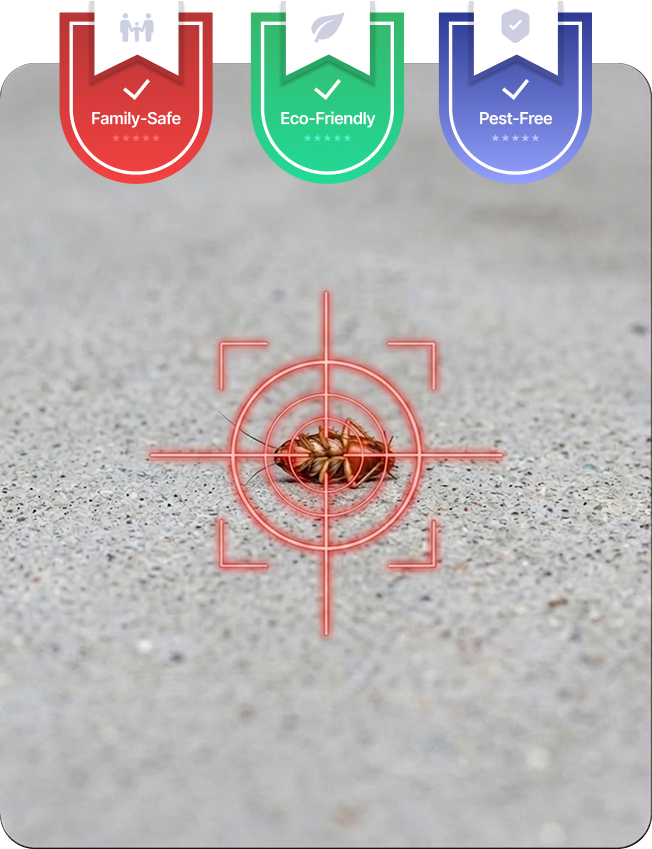 Pest treatment target graphic with family-safe, eco-friendly and pest-free badges