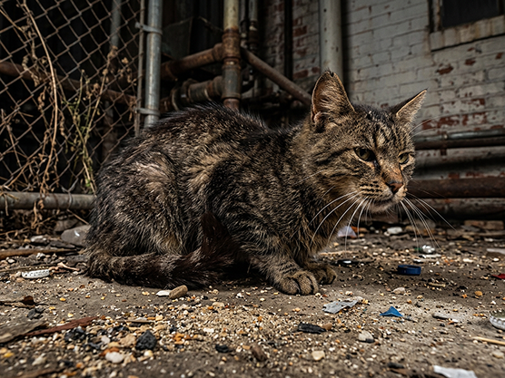 Feral cats sheltering beside a shed